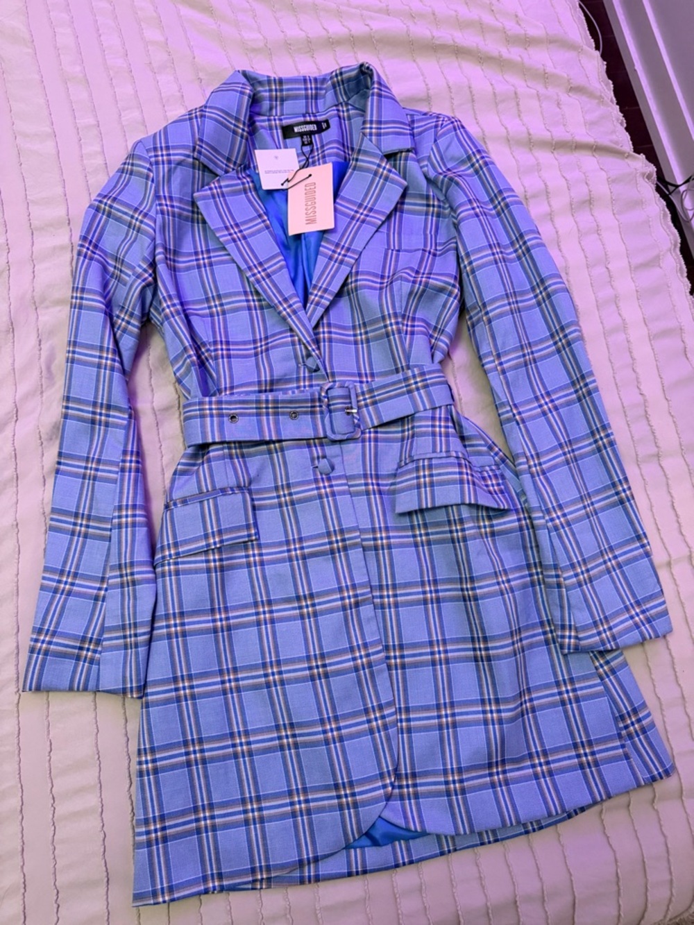Plaid Belted Blazer Dress in Powder Blue: Missguided